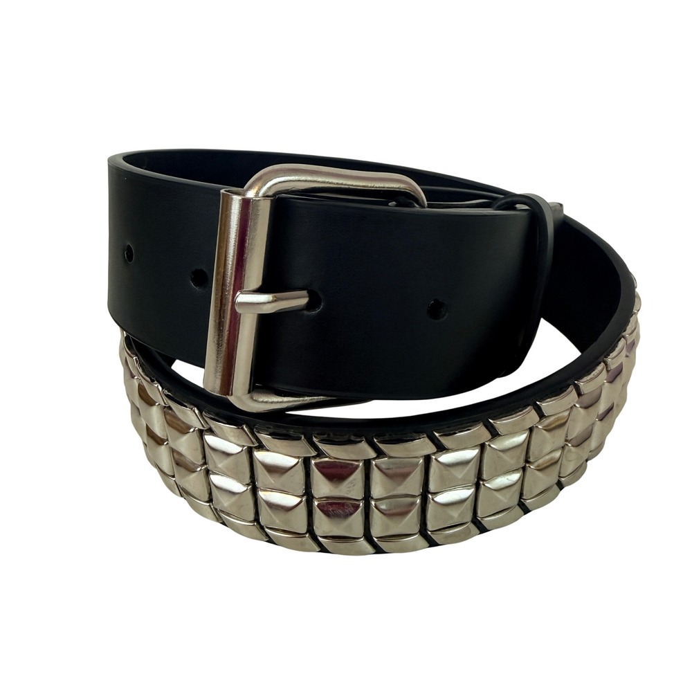 Hot Topic Black Faux Leather 3 Row Silver Pyramid Studded Belt Small